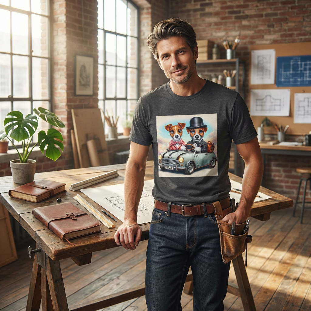 Wacky Jack Russell Top Hat Couple T-Shirt - Quirky Dog Art | CyberMutz T-Shirt Printify