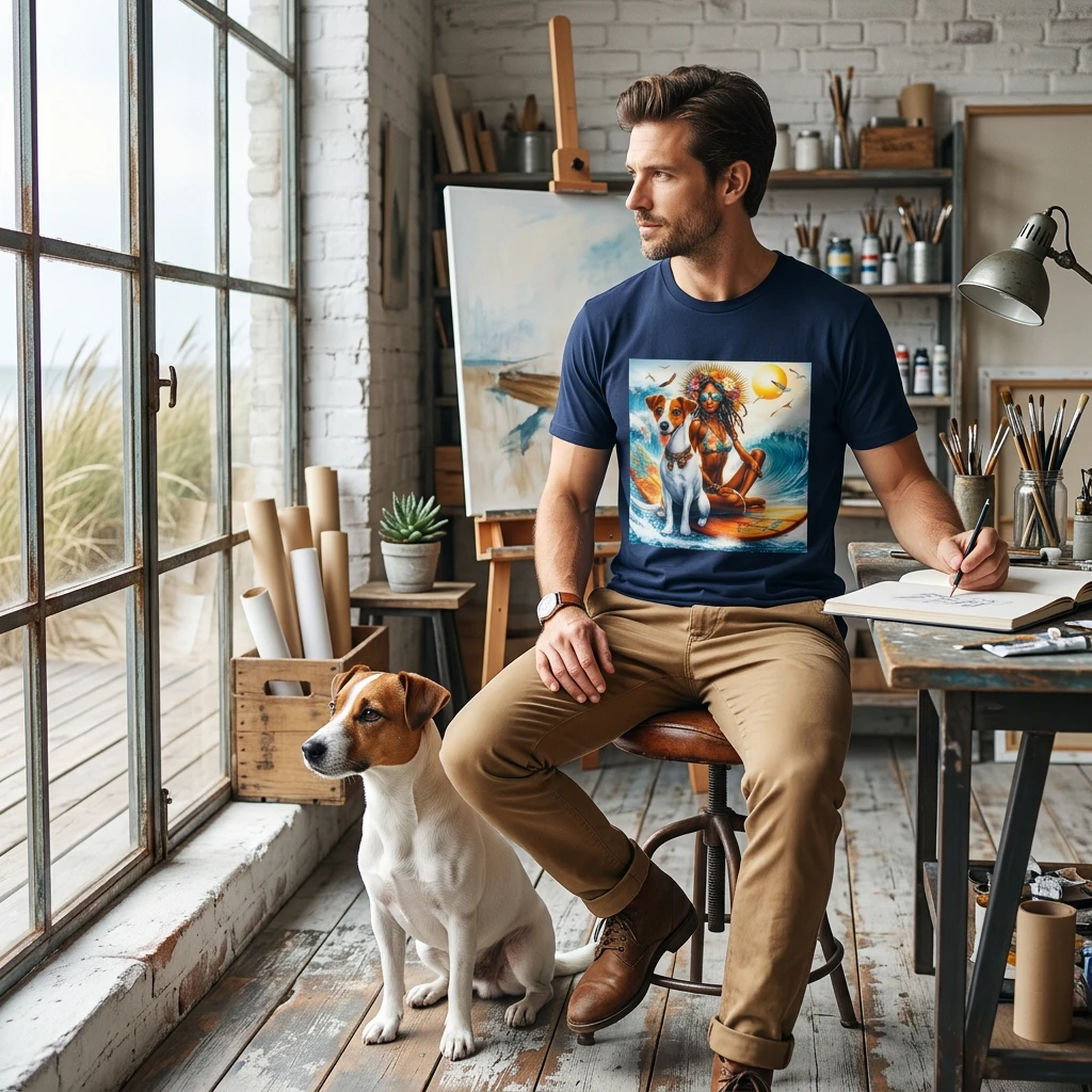 Jack Russell Surfer Girl T-Shirt - Playful Dog Art | CyberMutz T-Shirt Printify