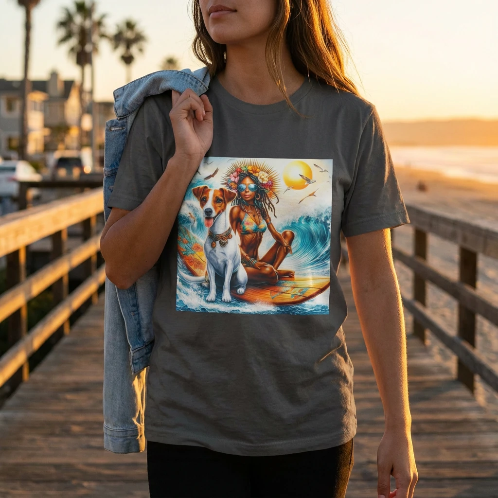 Jack Russell Surfer Girl T-Shirt - Playful Dog Art | CyberMutz T-Shirt Printify