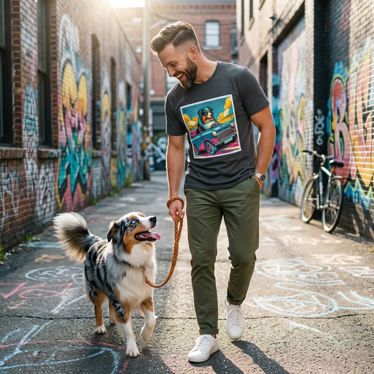 Wacky Australian Shepherd Dog Tee Featuring Colorful Car Artwork For Playful Dog Lovers T-Shirt Printify