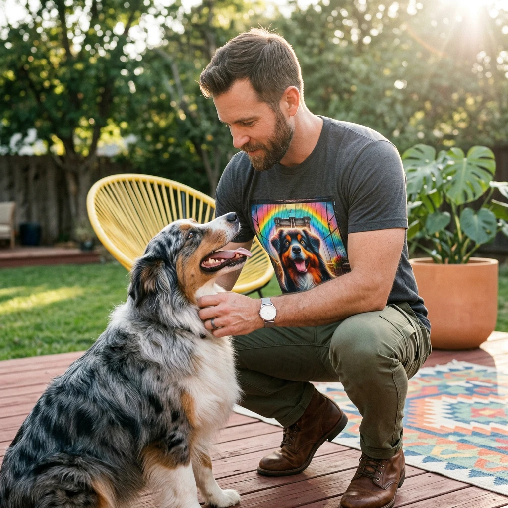 Australian Shepherd Bright Rainbow Bridge Tee Unisex Soft Style Shirt Celebrating Energy Loyalty T-Shirt Printify
