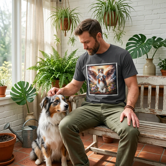 Australian Shepherd Angel Wings And Flowers Unisex Tee With Celestial Wings Design Graphic T-Shirt Printify