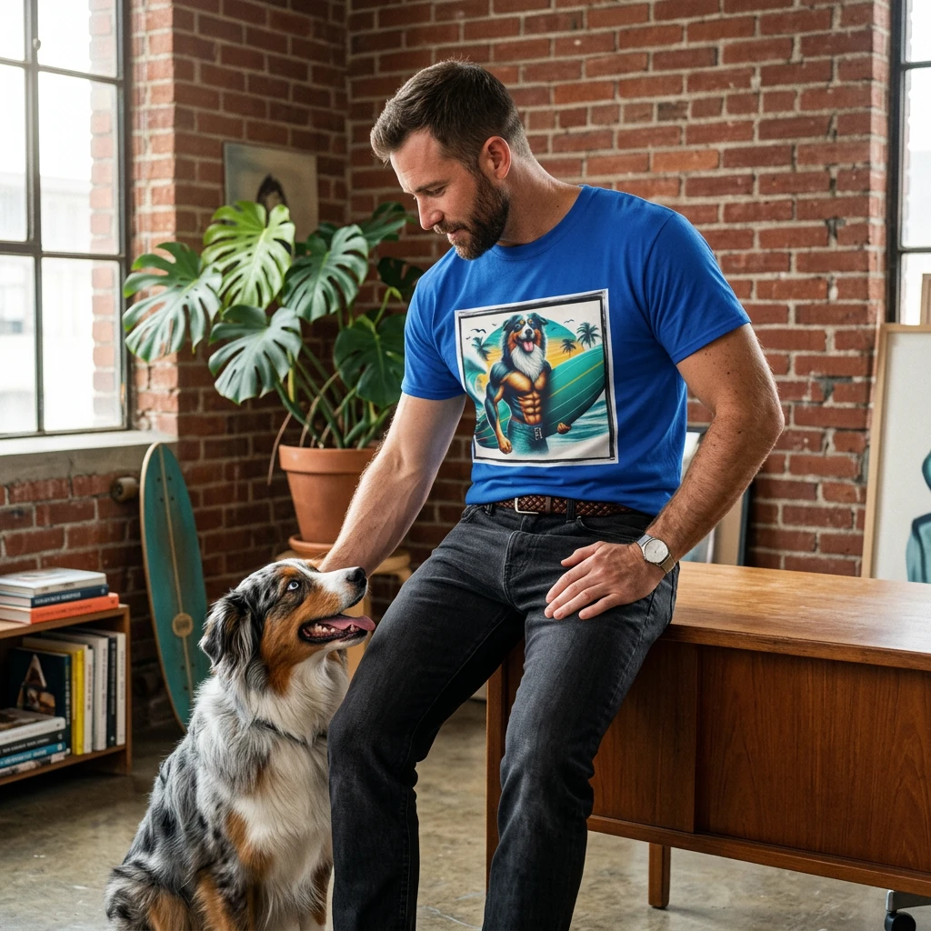 Australian Shepherd Turquoise Surf Board Beach Dog Graphic Tee Shirt for Dog Lovers T-Shirt Printify