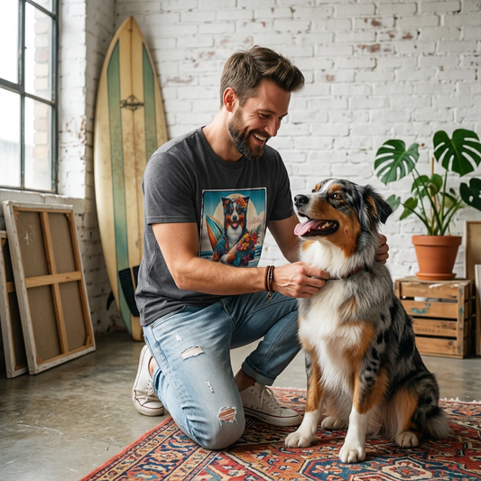 Australian Shepherd Floral Beach Surfer Unisex Graphic Tee Featuring Vibrant Coastal Scene T-Shirt Printify