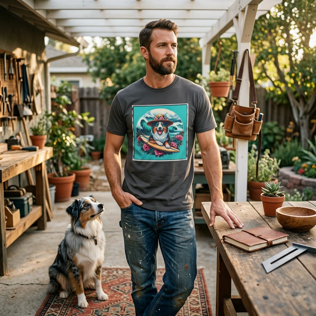 Australian Shepherd Unisex Tee With Floral Hat Surfer Dog Design For Ocean Lovers T-Shirt Printify