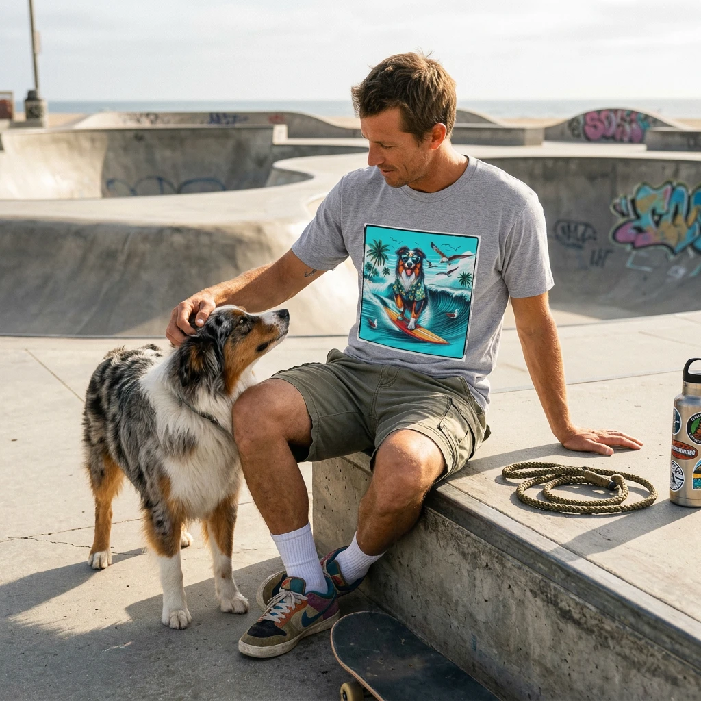 Australian Shepherd Surfer Dog T Shirt With Hawaiian Shirt Design Playful Beach Ready Pup Tee T-Shirt Printify