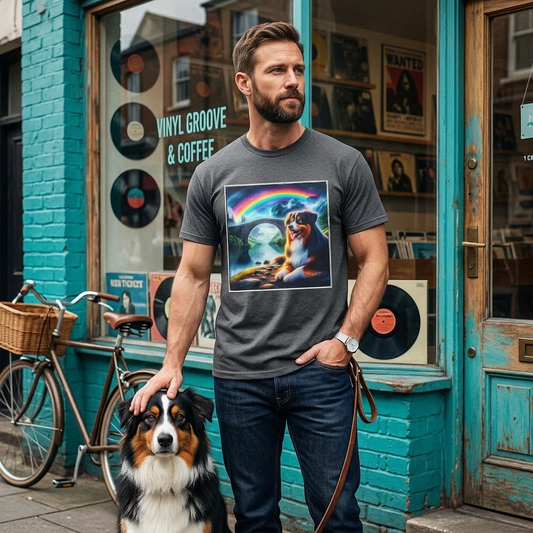 Australian Shepherd Rainbow Bridge And Lake T Shirt For Dog Lovers Memorial Gift T-Shirt Printify