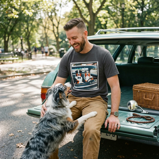 Australian Shepherd Couple Sunday Driving Tee For Dog Lovers Graphic Tee Great Gift Idea T-Shirt Printify