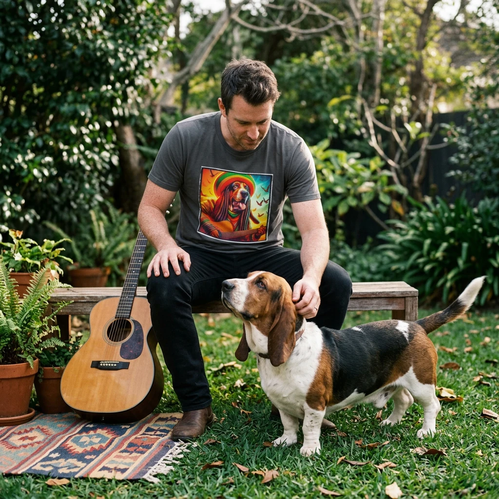Basset Hound Playing Guitar T Shirt For Dog Lovers Cute Long Eared Charm Classic Graphic Tee T-Shirt Printify