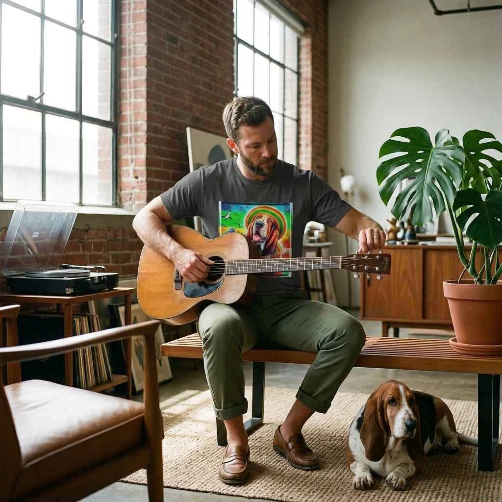 Basset Hound Rasta Dog Playing Guitar T-Shirt Printify