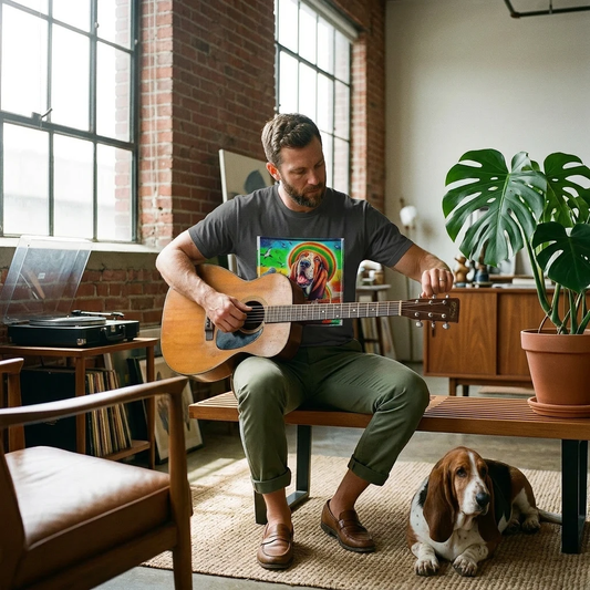 Basset Hound Rasta Dog Playing Guitar T-Shirt Printify