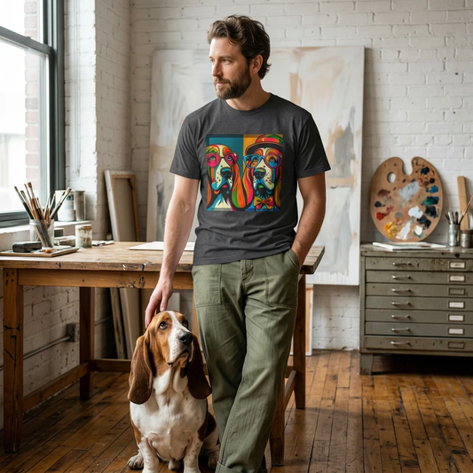 Basset Hound Couple Pop Art Tee Graphic Portrait For Dog Lovers Gift Long Ears Classic Charm T-Shirt Printify