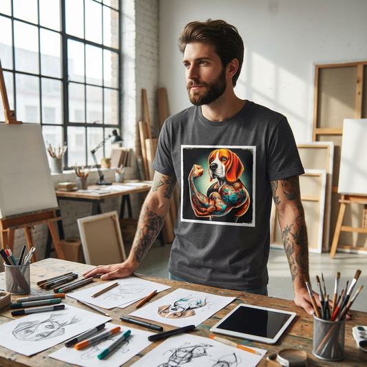 Beagle Flexing Arm T-Shirt - Quirky Muscle Dog Tee | CyberMutz T-Shirt Printify