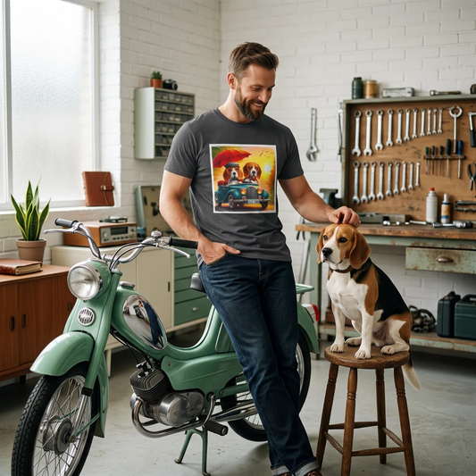 Wacky Beagle Couple In Tiny Car Figurine For Dog Lovers Gift Cute Cartoon Beagles T-Shirt Printify