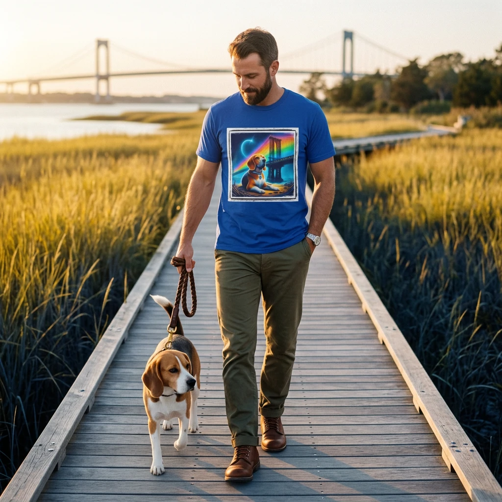 Beagle Sitting Under Rainbow Bridge Wall Art Print For Dog Lovers And Beagle Owners T-Shirt Printify