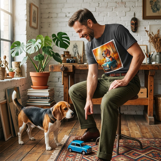 Graphic Tee Wacky Beagle Driving Tiny Car Print Humorous Dog Lover Shirt For Adults T-Shirt Printify
