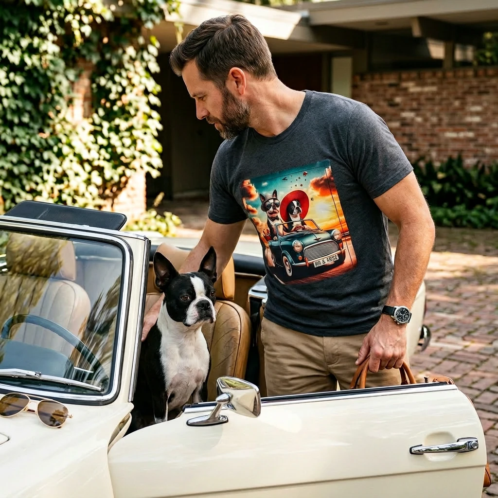Wacky Boston Terrier Driving At Sunset Graphic Shirt For Dog Lovers And Pet Owners T-Shirt Printify