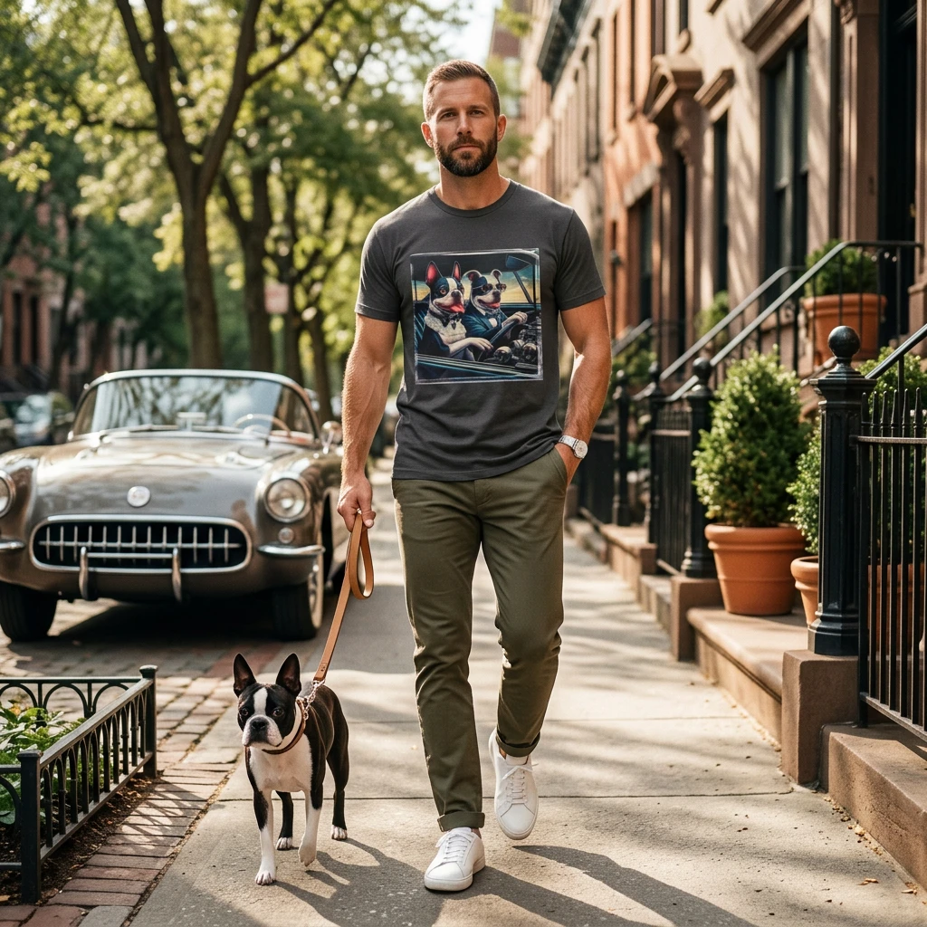 Wacky Boston Terrier Couple Driving Old Car Shirt For Dog Lovers Funny Vintage Gift T-Shirt Printify