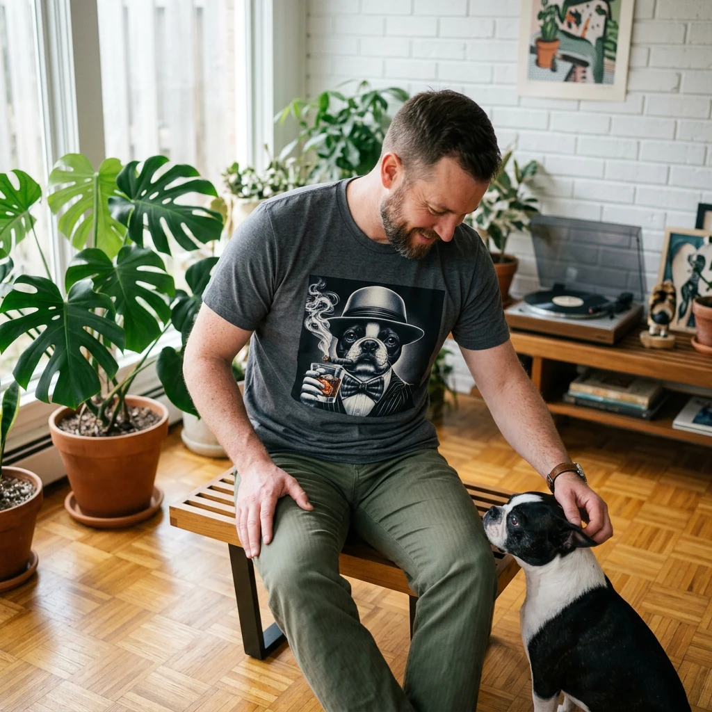 Boston Terrier Dog Art Funny Portrait Of A Male Dog Smoking Cigar And Drinking Whiskey T-Shirt Printify