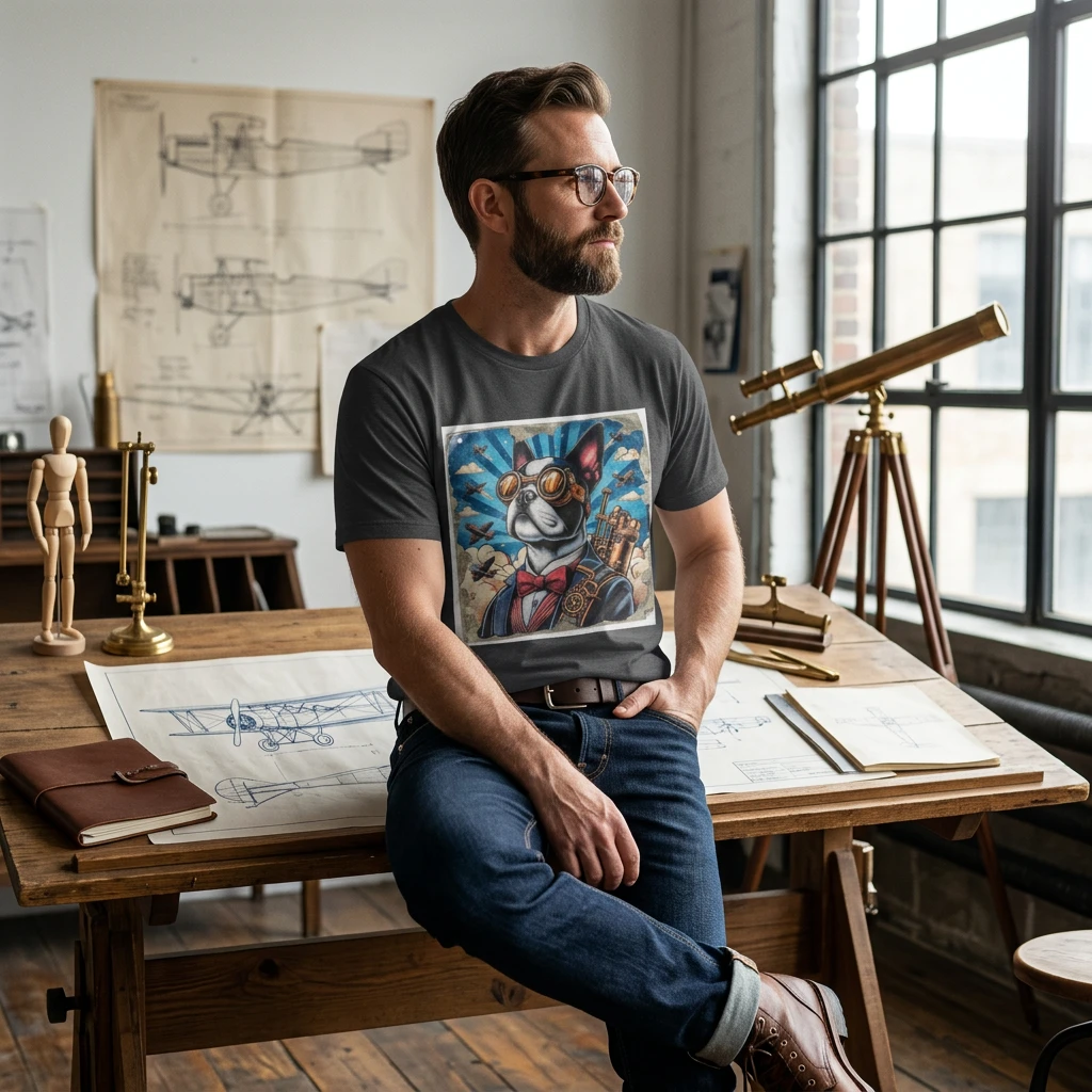 Boston Terrier Steampunk Artwork Watching Planes Fly By Poster American Gentleman Dog Decor T-Shirt Printify