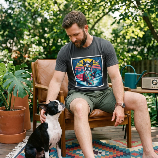 Boston Terrier Male Dog With Boogie Board Art Print For Dog Lovers American Gentleman Theme T-Shirt Printify