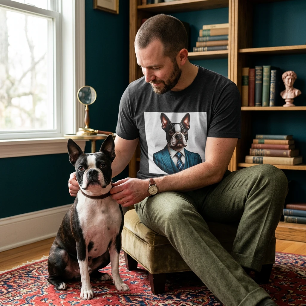 Boston Terrier Dog T Shirt In Blue Suit American Gentleman Style Tee For Pets And Dog Lovers T-Shirt Printify