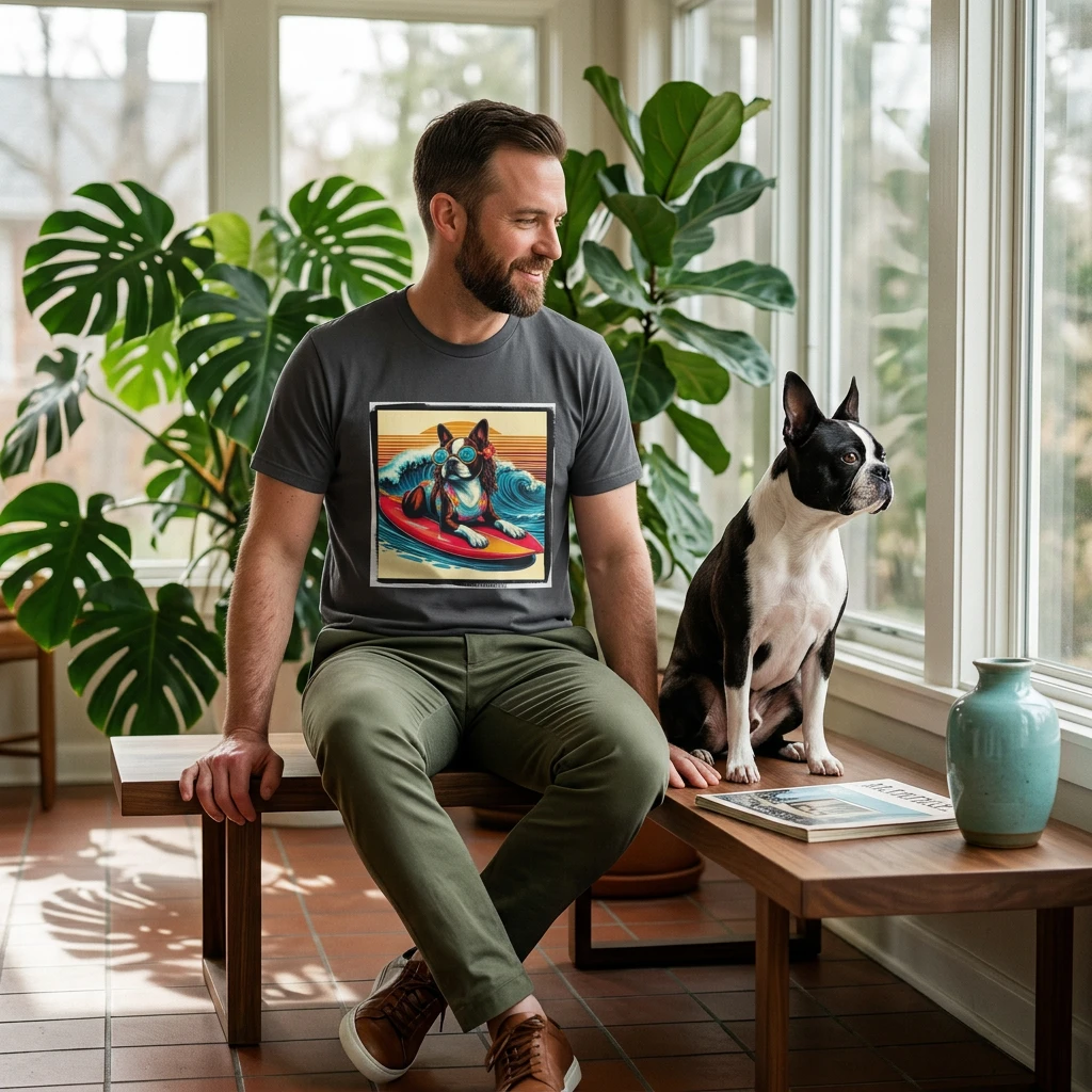 Boston Terrier Surfer Dog T Shirt Beach Vibes Apparel Gift for Dog Lovers Surfing Pup T-Shirt Printify