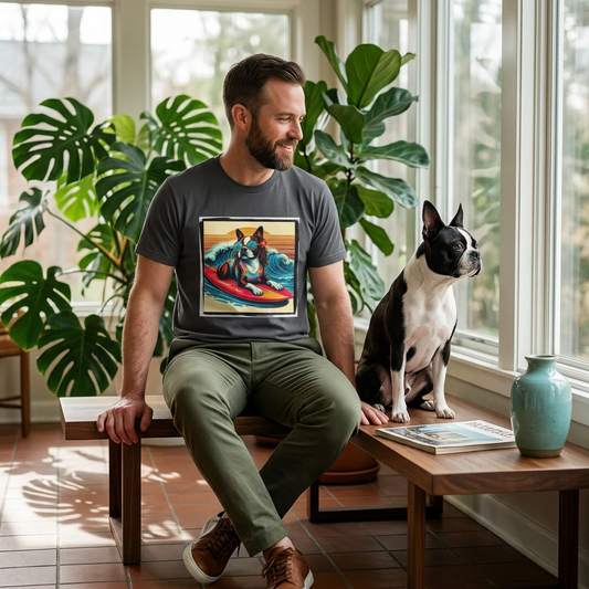 Boston Terrier Surfer Dog T Shirt Beach Vibes Apparel Gift for Dog Lovers Surfing Pup T-Shirt Printify