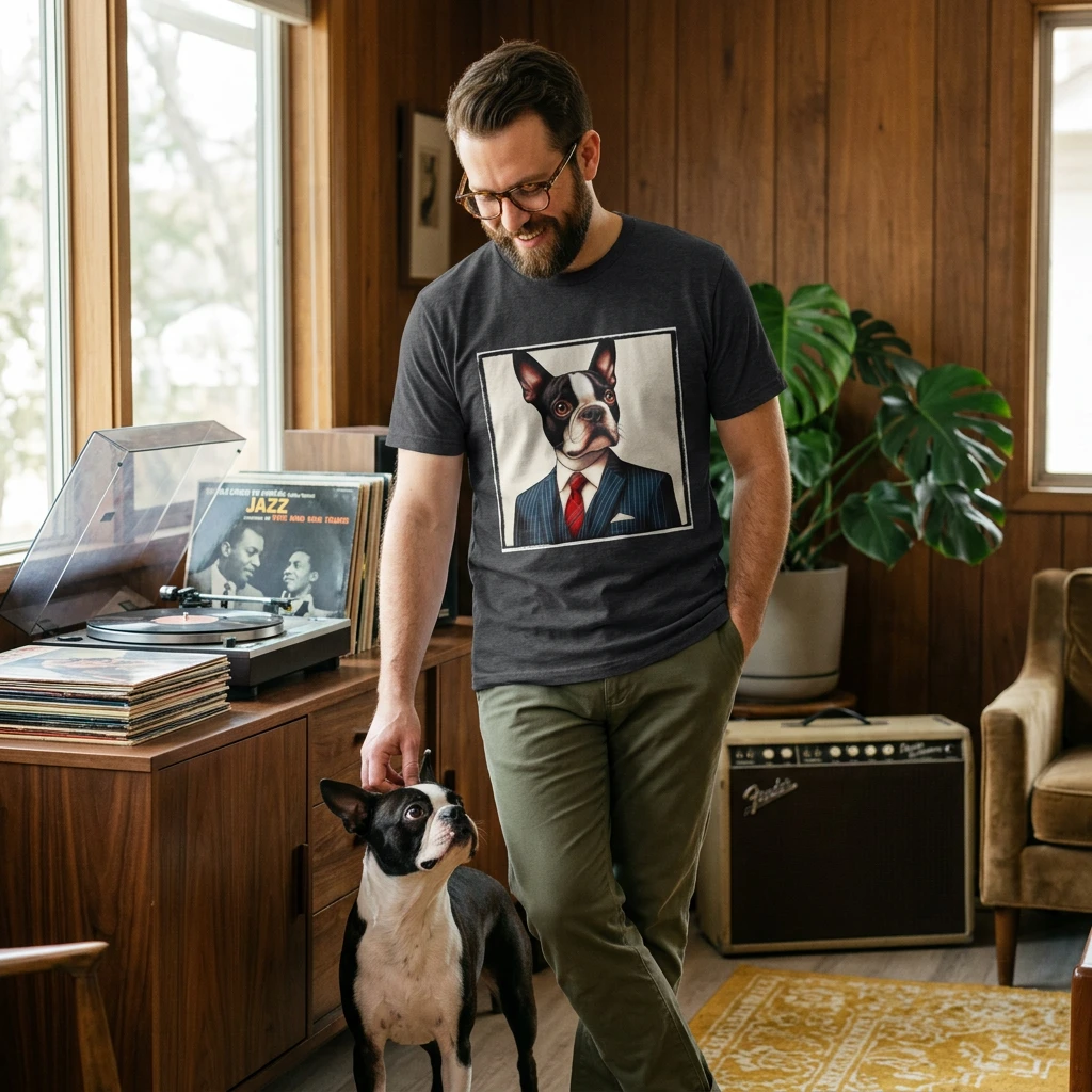 Boston Terrier Dog In Suit Tuxedo The American Gentleman Plush Toy Figurine Gift T-Shirt Printify