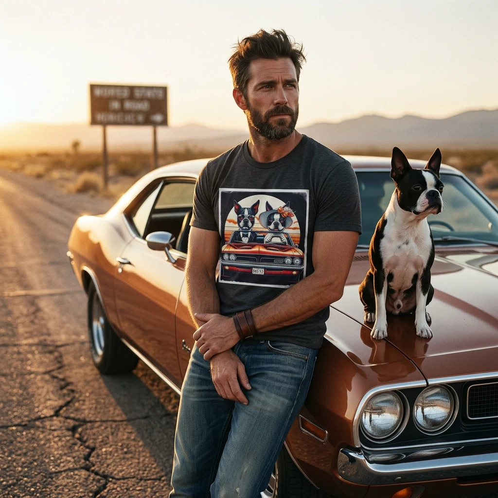 Funny Boston Terrier Unisex T Shirt With Wacky Car Couple Graphic For Dog Lovers T-Shirt Printify