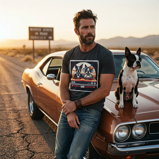 Funny Boston Terrier Unisex T Shirt With Wacky Car Couple Graphic For Dog Lovers T-Shirt Printify