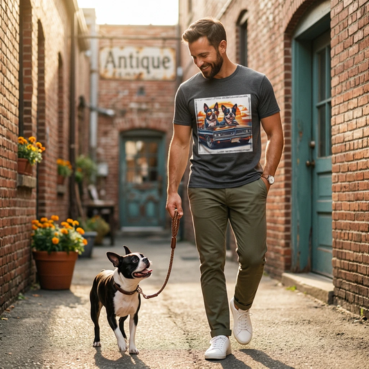 Funny Boston Terrier Boys Driving Car Graphic Tee For Dog Lovers Gift Idea Unisex T-Shirt Printify