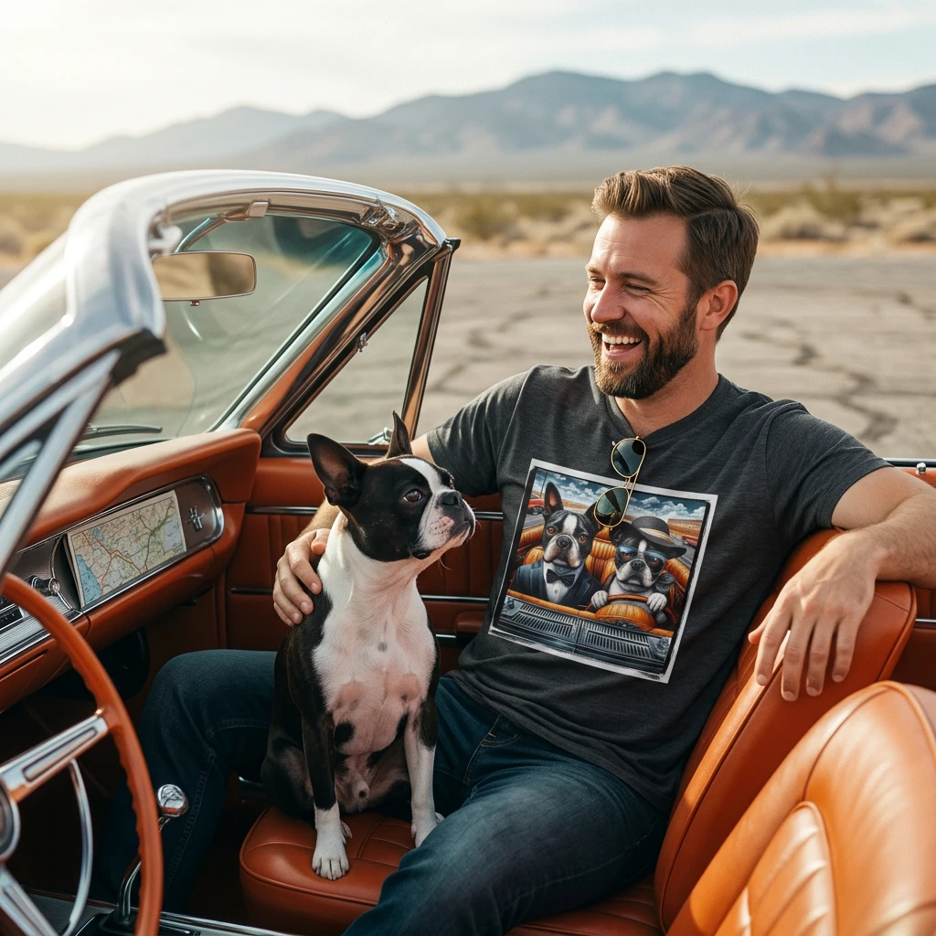 Wacky Boston Terrier Couple Sunday Drive Graphic Tee For Dog Lovers Gift Idea For Everyone T-Shirt Printify