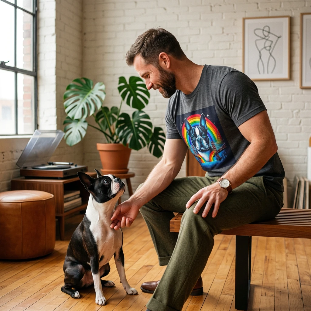 Boston Terrier Overlooking Rainbow Bridge Wall Art Print For Dog Lovers And Pet Owners T-Shirt Printify