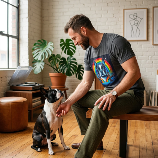 Boston Terrier Overlooking Rainbow Bridge Wall Art Print For Dog Lovers And Pet Owners T-Shirt Printify