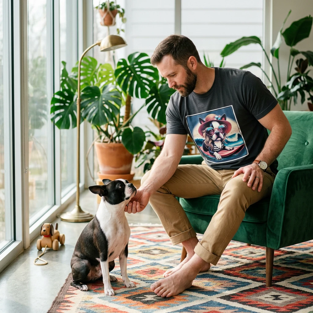 Boston Terrier Blonde Surfer Girl Dog With Tuxedo Markings Lively American Gentleman Personality Ideal Family Companion T-Shirt Printify