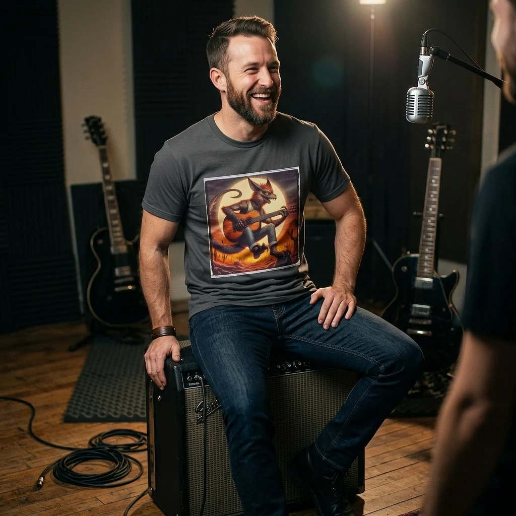 Chupacabra Guitar Playing T Shirt for Fans of Legends Mythical Creatures and Monster Music Culture T-Shirt Printify