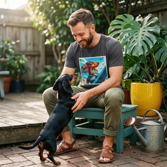 Dachshund Surfer Dude Graphic Tee For Dog Lovers With Long Bodies And Short Legs T-Shirt Printify