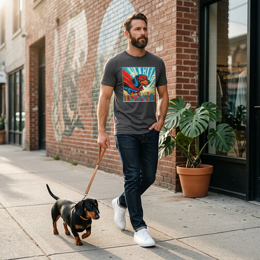 Dachshund Flying Superhero T Shirt For Dog Lovers Unisex Soft Cotton Canine Hero Apparel T-Shirt Printify