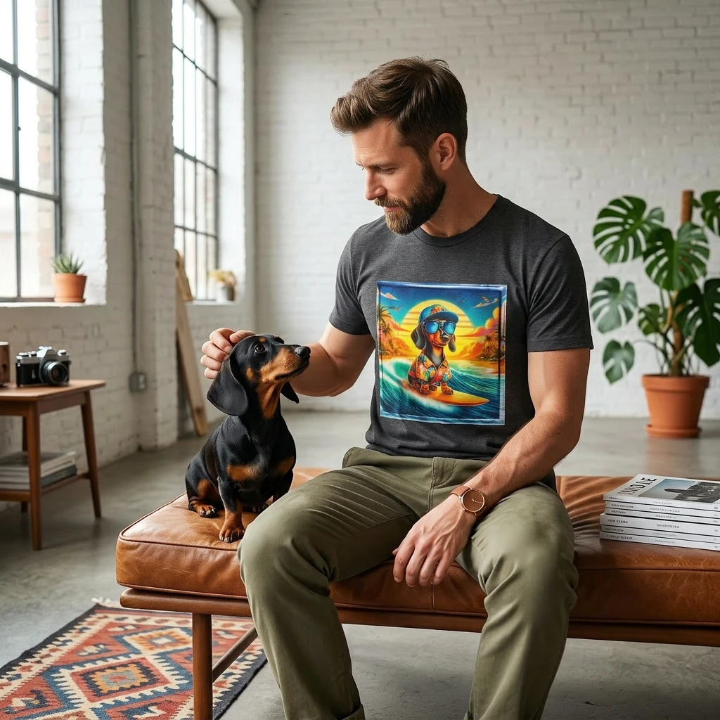 Dachshund Surfing T Shirt For Dog Lovers Funny Dachshund Gift Long Bodied Short Leg Silhouette Tee T-Shirt Printify