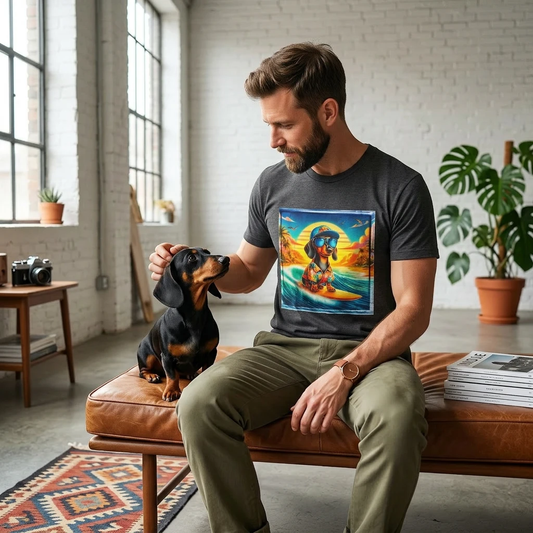 Dachshund Surfing T Shirt For Dog Lovers Funny Dachshund Gift Long Bodied Short Leg Silhouette Tee T-Shirt Printify