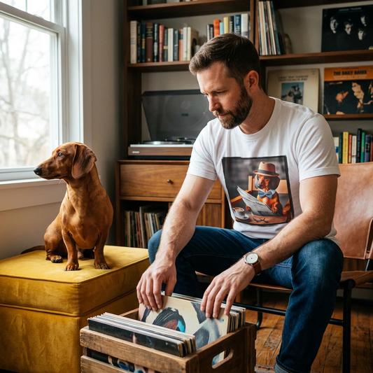 Dachshund Newspaper Print T Shirt For Dog Lovers Long Body Short Leg Silhouette Graphic Tee T-Shirt Printify