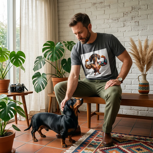 Dachshund Muscles Men's T Shirt Showcasing Long Bodied Short Leg Silhouette Perfect For Dog Lovers And Dachshund Fans T-Shirt Printify