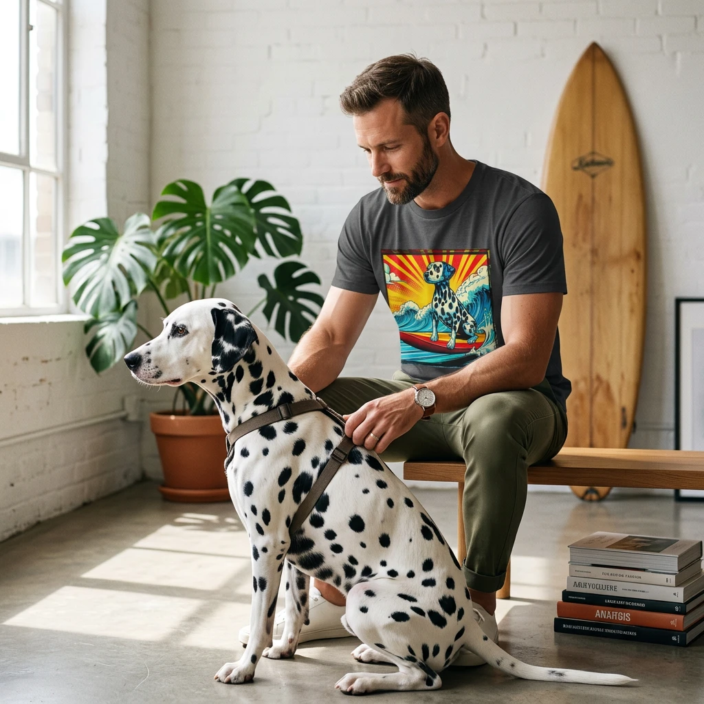 Dalmatian Colorful Surfing T Shirt for Dog Lovers Featuring Spotted Dalmatian Beach Graphic T-Shirt Printify