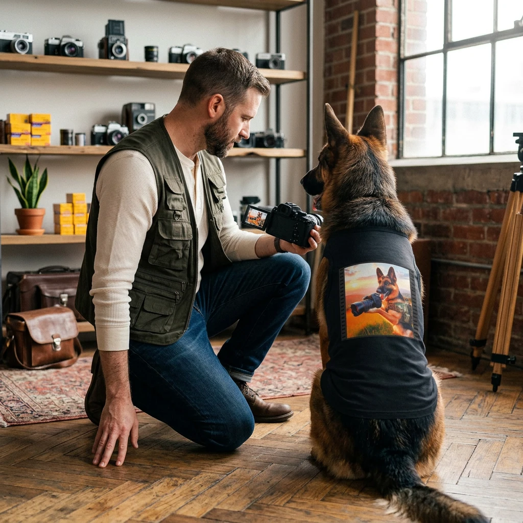 German Shepherd taking photos shirt Pets Printify
