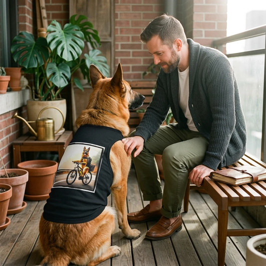 German Shepherd Bike Rider Graphic Tee Pets Printify