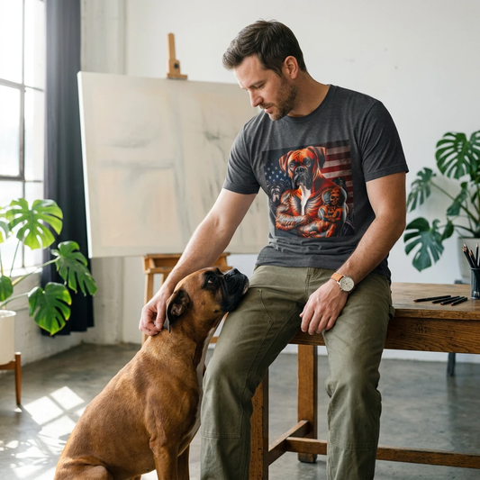 Boxer Muscle Dog T Shirt With American Flag Graphic Unisex Tee For Men Women Casual T-Shirt Printify