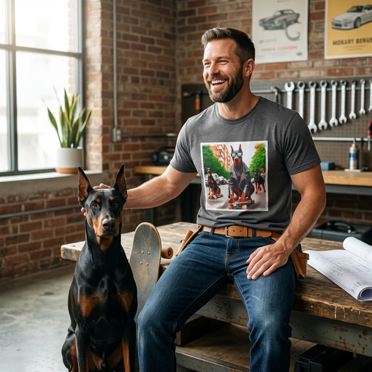 Doberman Skate Crew Unisex Soft Style T Shirt With Athletic Silhouette For Dog Lovers And Skaters Everywhere T-Shirt Printify
