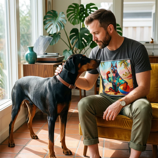 Doberman Beach Hunk Tee Unisex Soft Style Casual Shirt Bold Dog Breed Graphic For Beach And Everyday Wear T-Shirt Printify