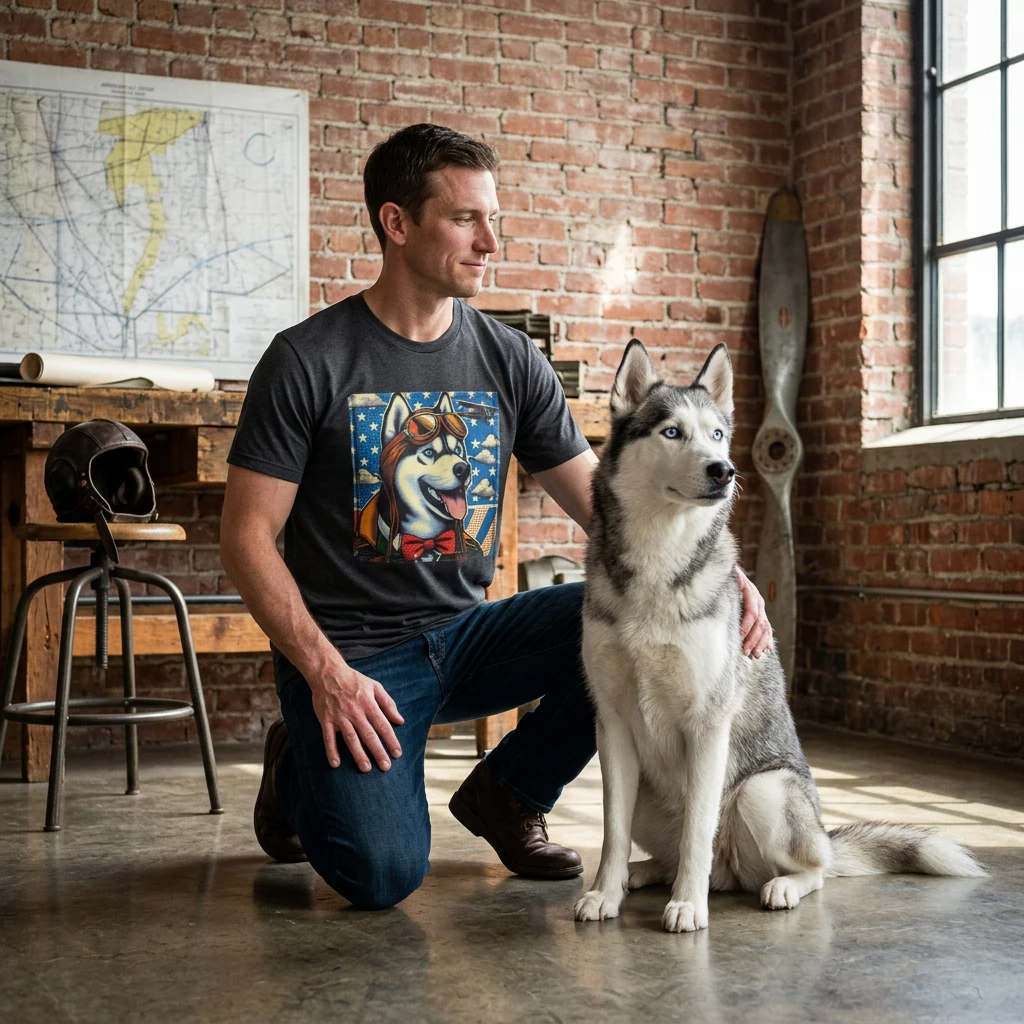 Husky airplane pilot T-Shirt Printify